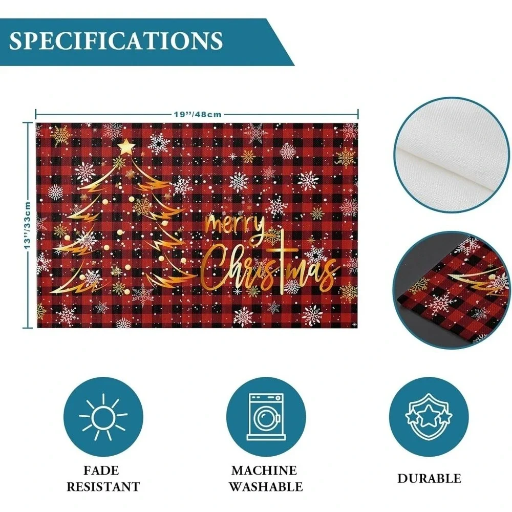 6PCS Merry Xmas‎ Placemats Christmas Table Placement Winter Placemats Red Gold